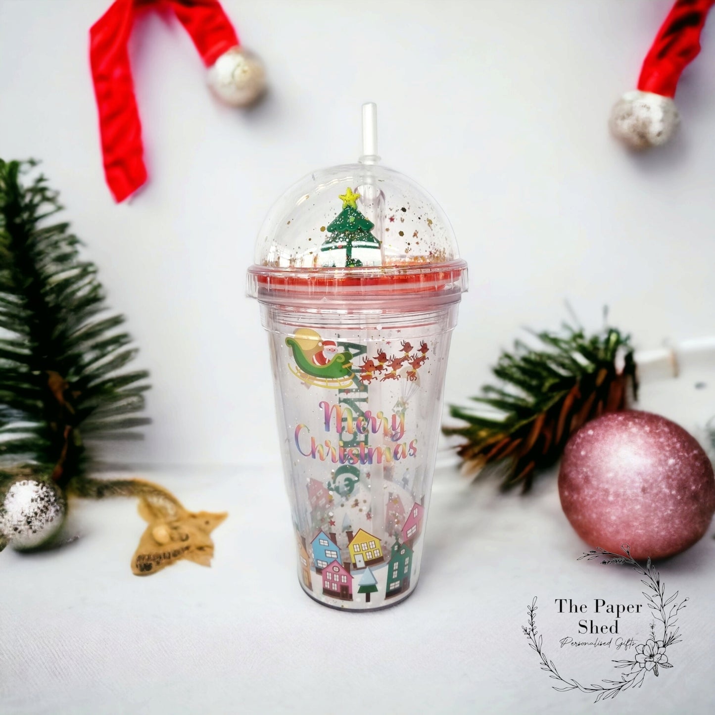Christmas personalised tumbler with straw snowglobe