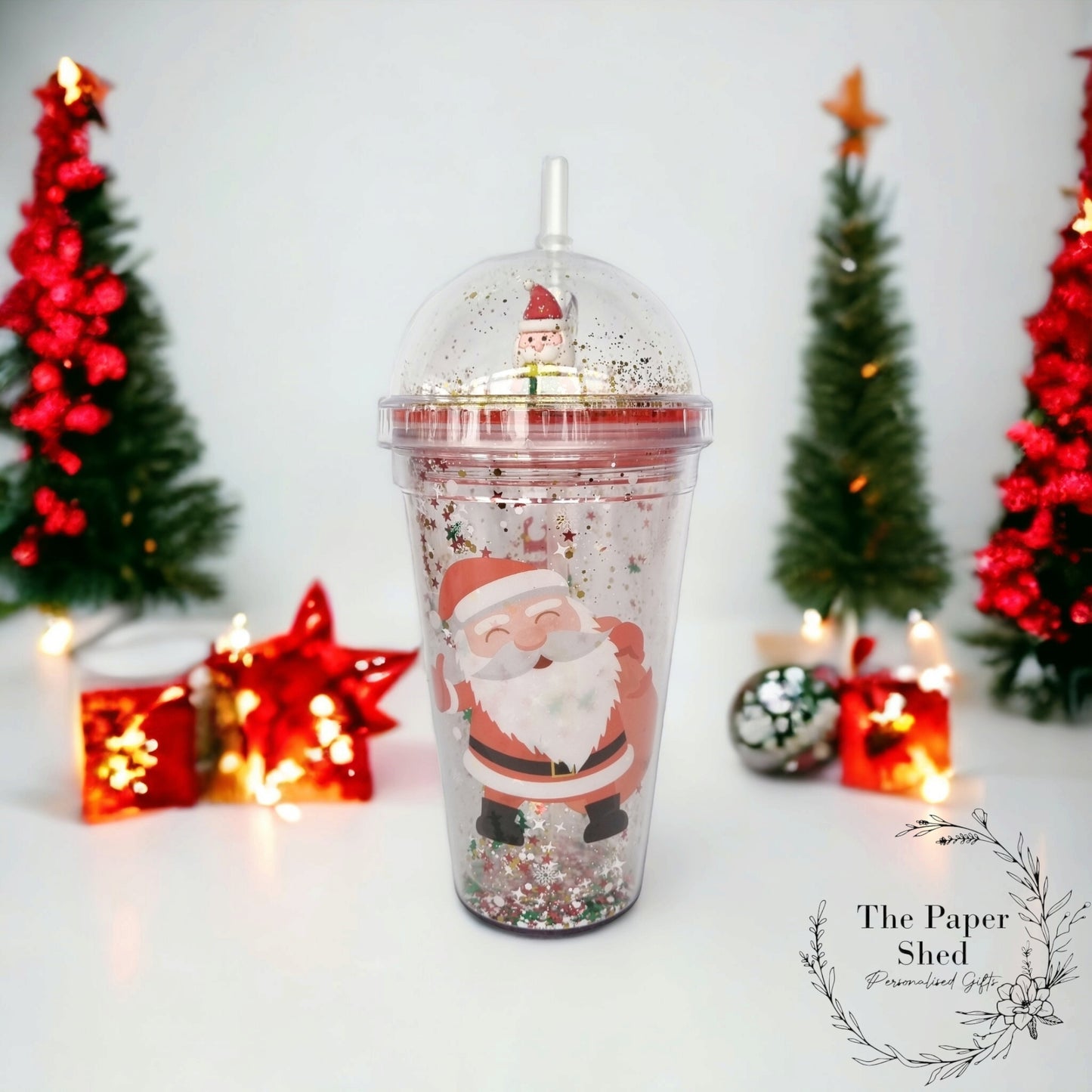 Christmas personalised tumbler with straw snowglobe