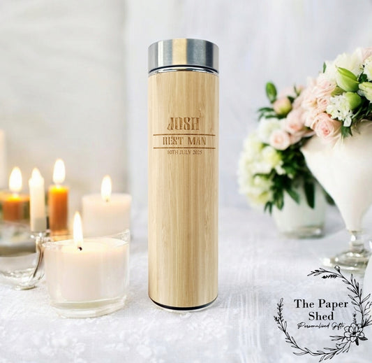 Personalised name thermal water bottle engraved bamboo thermos flask