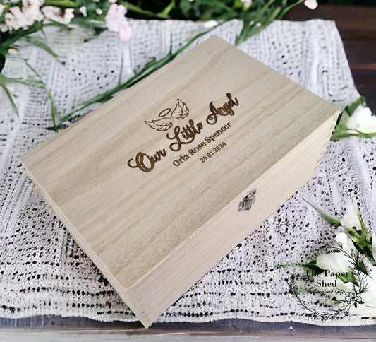 Baby Memorial Memory Wooden Engraved Box Keepsakes Baby Loss Wings