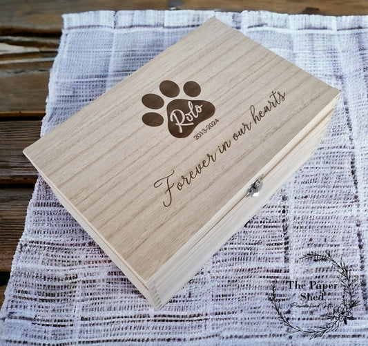 Pet Memorial Memory Wooden Engraved Box Keepsakes Paw Print