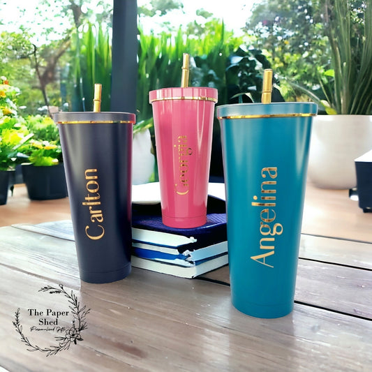 Pastel Tall 600ml Insulated Personalised Tumbler with Lid and Straw Cold Cup Art Deco Style