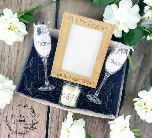 Wedding Day Personalised Hamper Gift Set Mr & Mrs, Mr and Mr, Mrs and Mrs Photo frame, Champagne glasses, candle