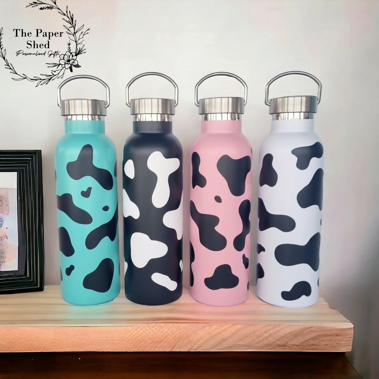 Cow Print Hamper, Milk Churn Thermal Bottle 750ml Stainless Steel Thermos Flask Drinks Bottle, Mug, Notebook Gift Set, Birthday gift