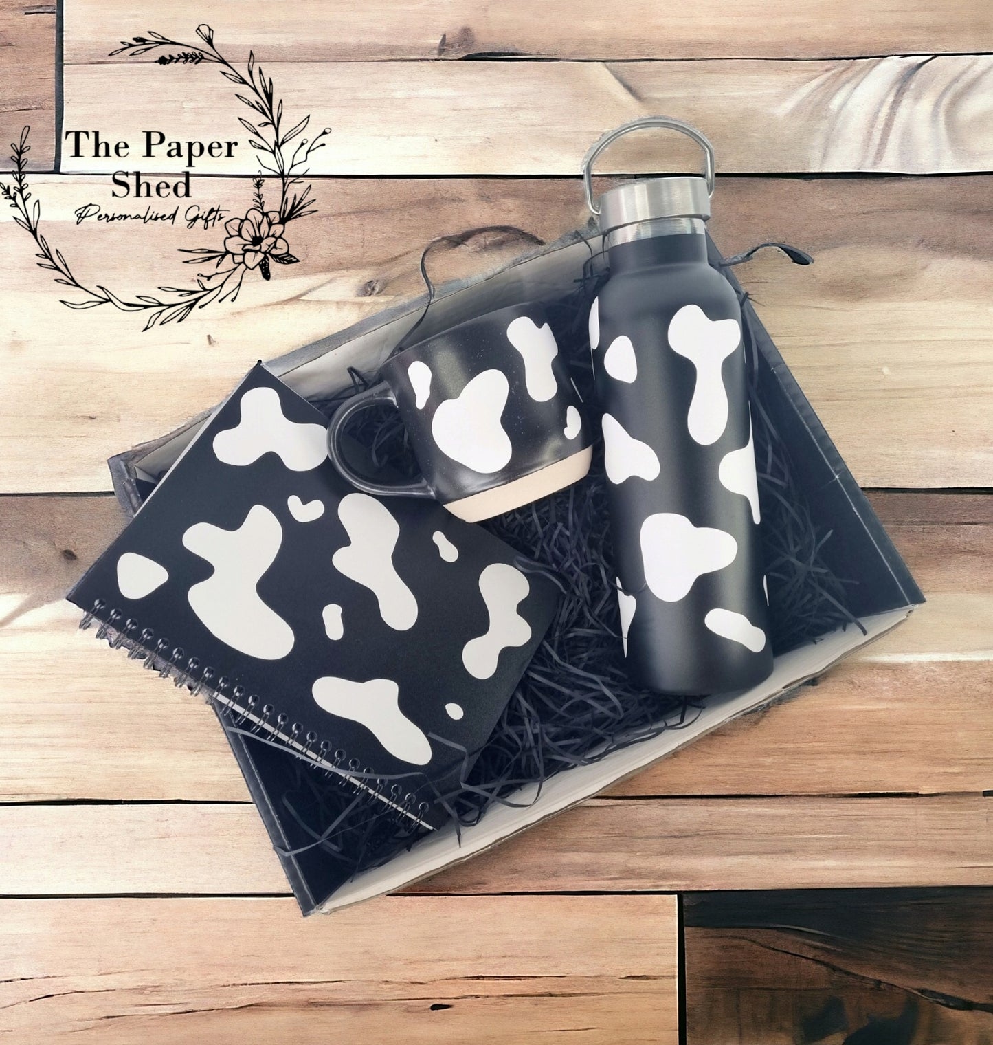 Cow Print Hamper, Milk Churn Thermal Bottle 750ml Stainless Steel Thermos Flask Drinks Bottle, Mug, Notebook Gift Set, Birthday gift