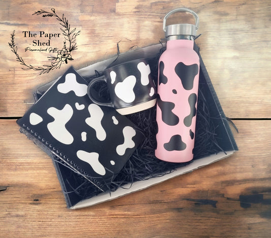 Cow Print Hamper, Milk Churn Thermal Bottle 750ml Stainless Steel Thermos Flask Drinks Bottle, Mug, Notebook Gift Set, Birthday gift