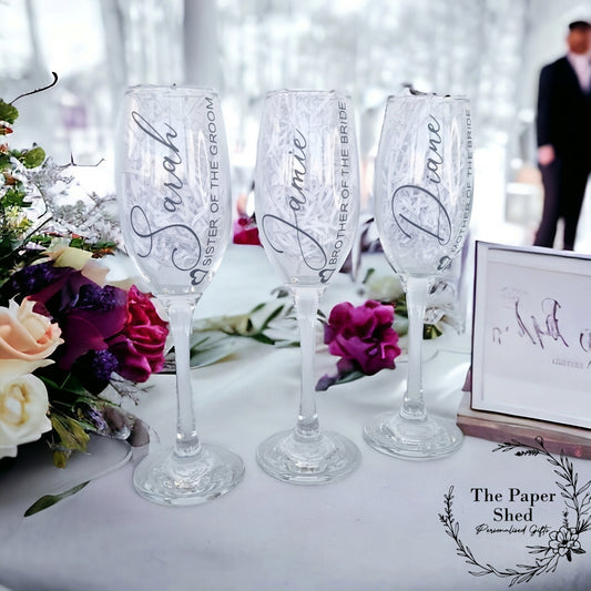 Personalised Wedding Party Champagne Glasses Flutes, Bride, Groom, Mother of the Bride, Bridesmaid, Wedding day Glasses, Special Day sets