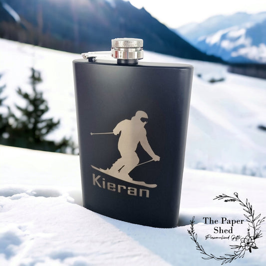 Engraved Hip Flask, Ski, skiing, skier, snowboard, snowboarder, snowboarding gift, snow, whisky flask Father's Day Fathers Gift