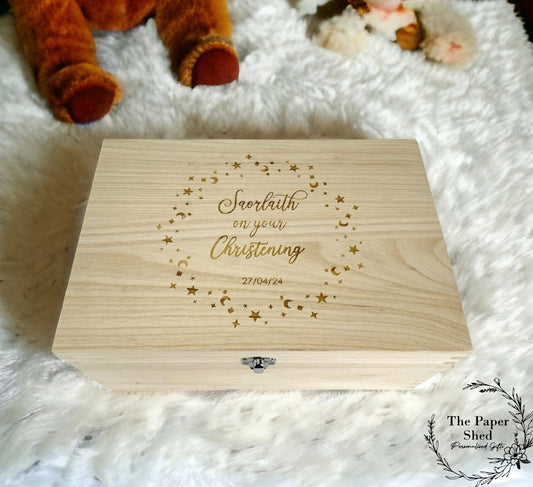 Baby Christening, Baptism Memory Personalised Keepsake Box Star Wreath Gift