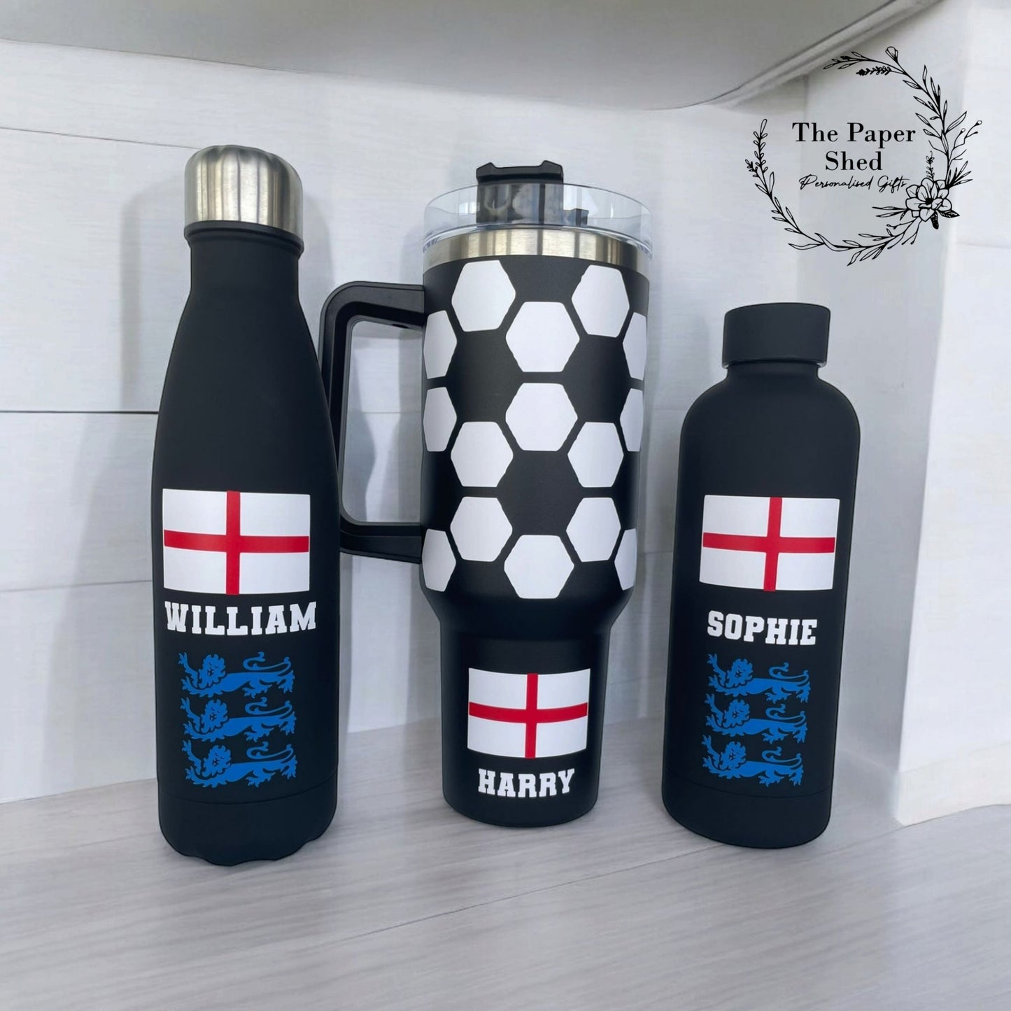 The Football Collection, England Flag, Three Lions 3 Lions Thermal Mug, 40 oz Cup, Bottle, Travel Mug, Gift, Set, Team, Personalised