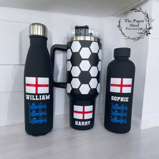 The Football Collection, England Flag, Three Lions 3 Lions Thermal Mug, 40 oz Cup, Bottle, Travel Mug, Gift, Set, Team, Personalised