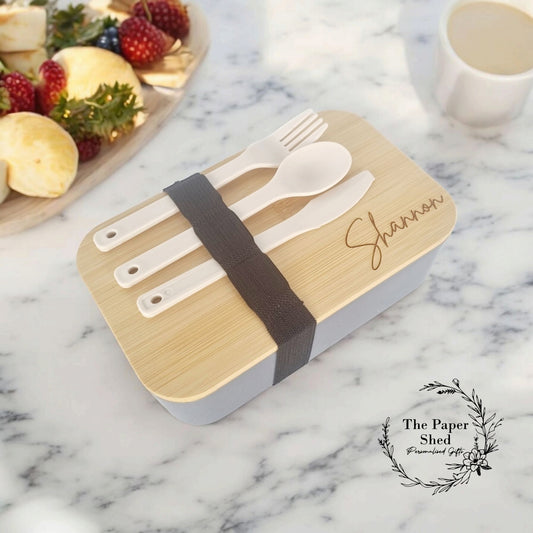 Engraved Bamboo Personalised Lunchbox With Cutlery