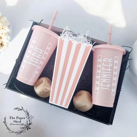 Personalised Movie/Film night / date night/ hamper, box, popcorn, name, cinema, tumbler, drink, cup, dice, couple gift, birthday, dice