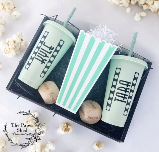 Personalised Movie/Film night / date night/ hamper, box, popcorn, name, cinema, tumbler, drink, cup, dice, couple gift, birthday, dice