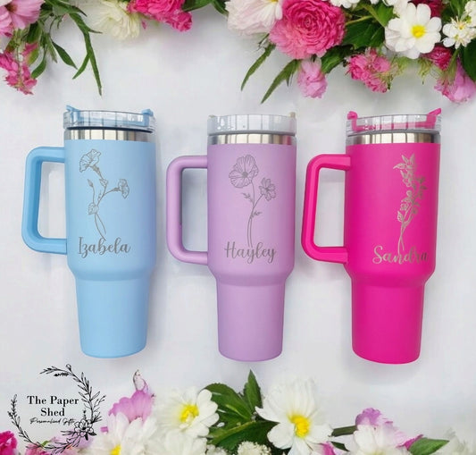 Personalised Birth Flower Engraved Name Thermal Bottle Teacher Gift