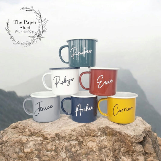 Personalised Enamel Name Mugs Camping