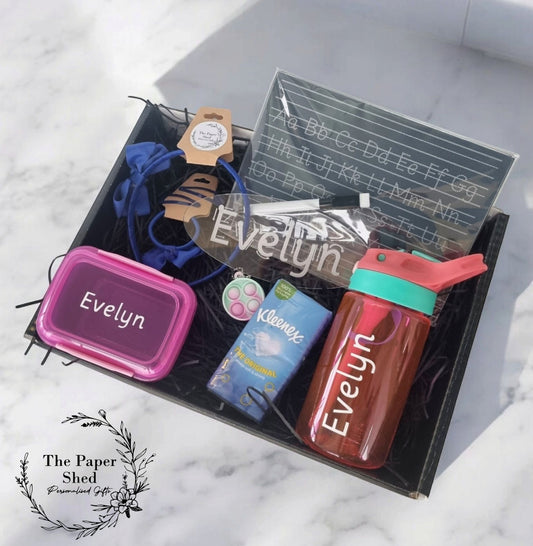 Back to School Personalised Hamper-First Day / Year of School-Water Bottle- kids/ Boys-Snack box-Alphabet, Number, Name formation-fidget toy