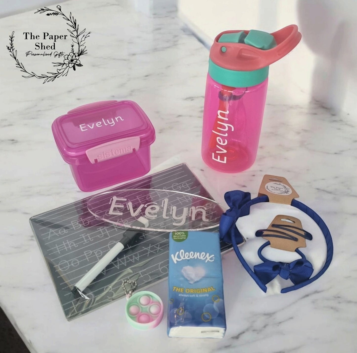 Back to School Personalised Hamper-First Day / Year of School-Water Bottle- kids/ Boys-Snack box-Alphabet, Number, Name formation-fidget toy