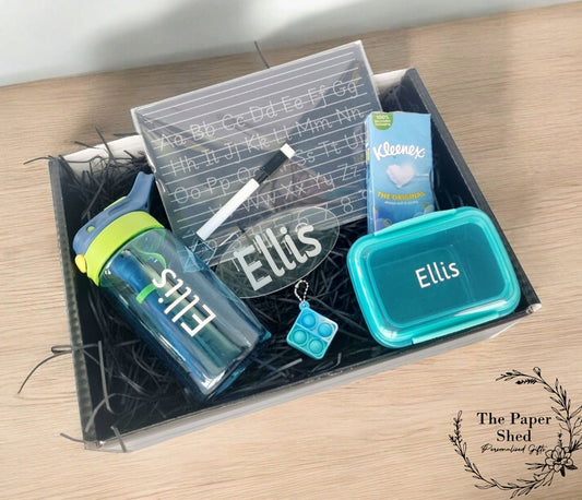 Back to School Personalised Hamper-First Day /Year of School-Water Bottle- kids/ Girls-Snack box-Alphabet, Number, Name formation-Hair Band