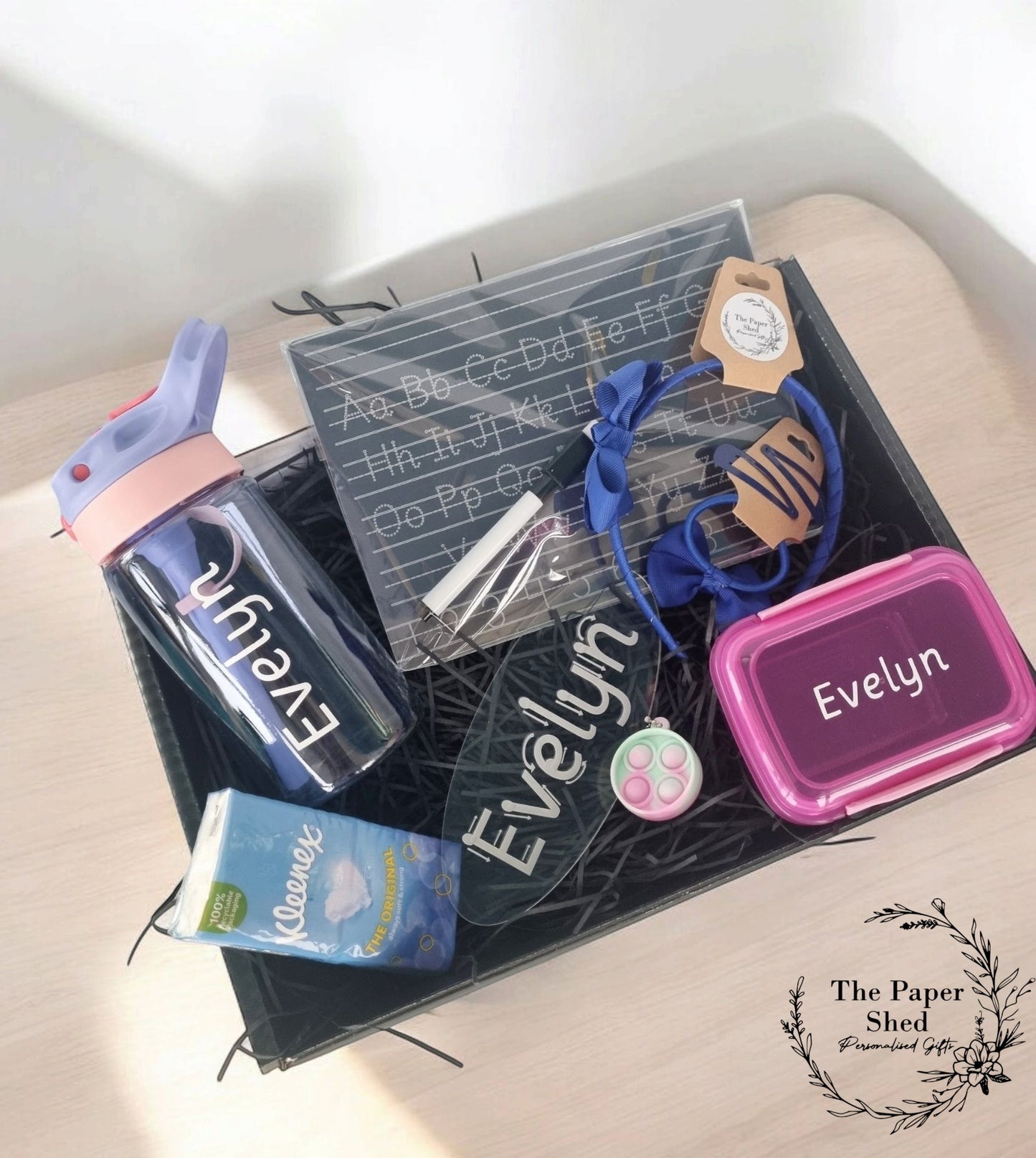 Back to School Personalised Hamper-First Day / Year of School-Water Bottle- kids/ Boys-Snack box-Alphabet, Number, Name formation-fidget toy