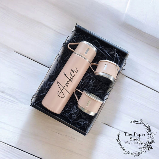 Personalised Flask Bottle With Cups Custom Thermal Name Gift Set