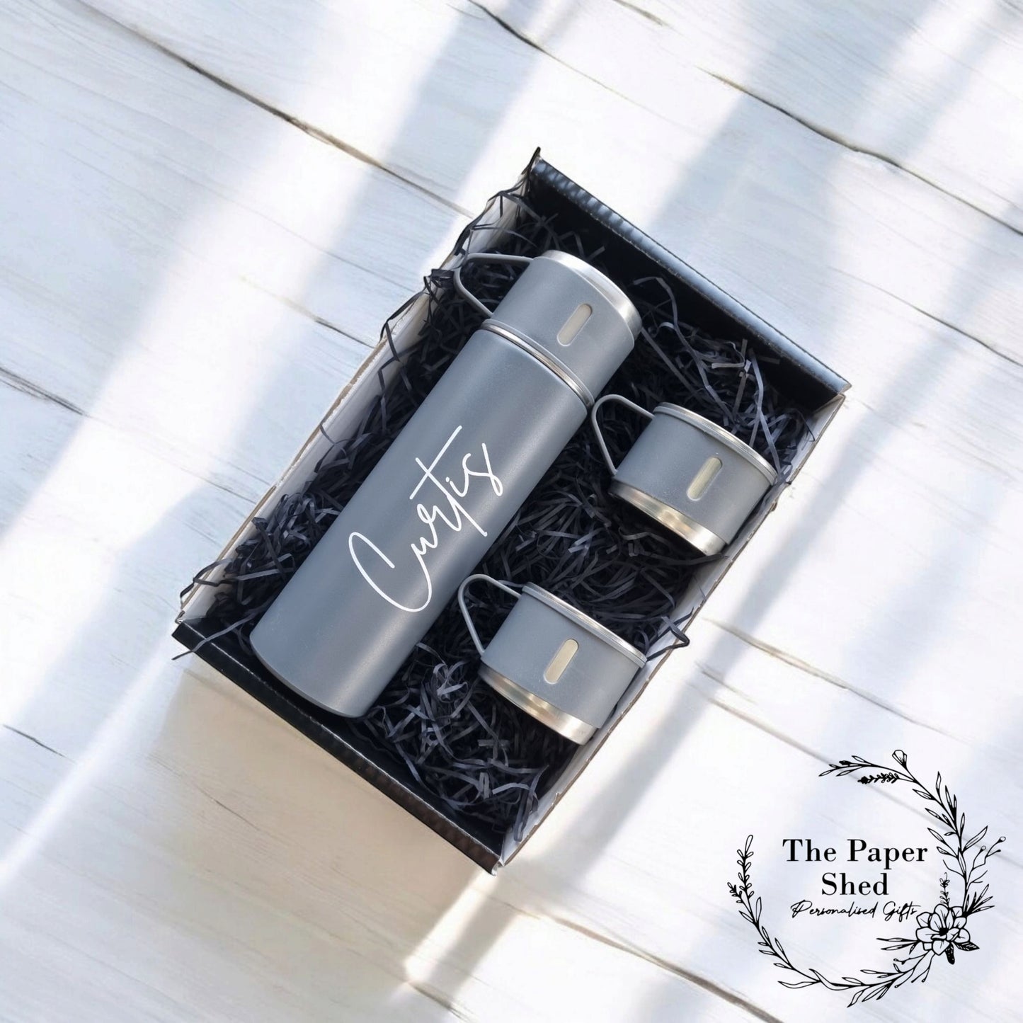 Personalised Flask Bottle With Cups Custom Thermal Name Gift Set