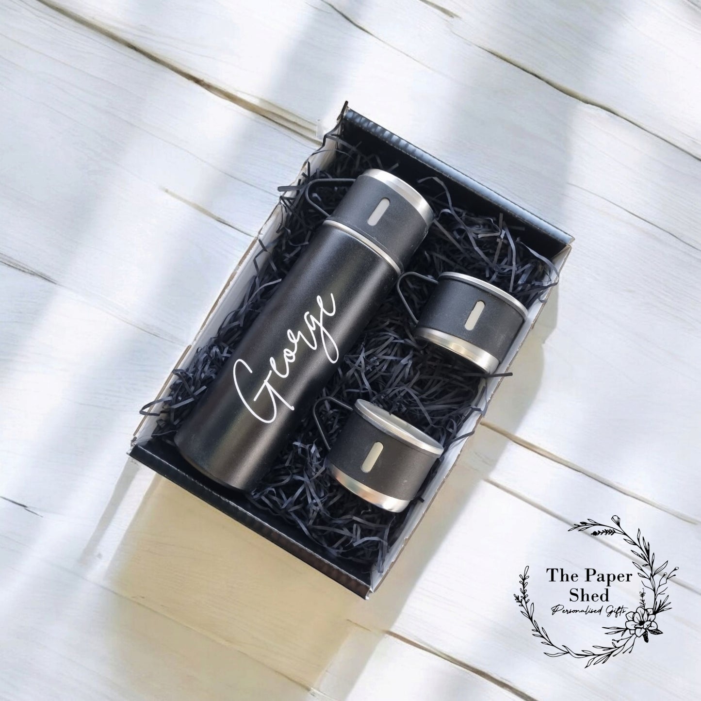 Personalised Flask Bottle With Cups Custom Thermal Name Gift Set