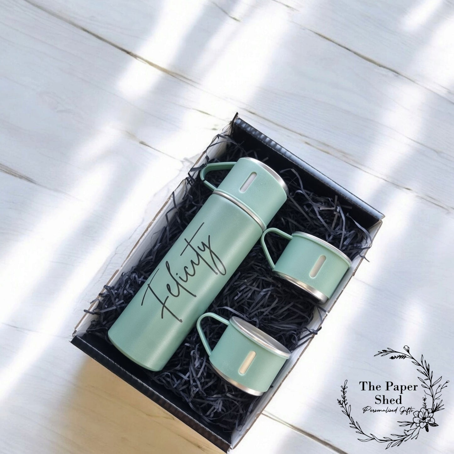 Personalised Flask Bottle With Cups Custom Thermal Name Gift Set