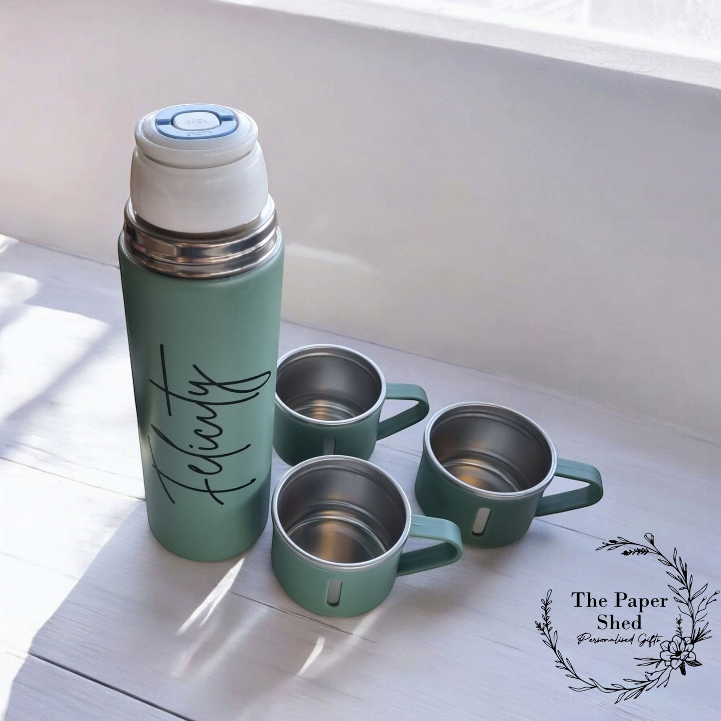 Personalised Flask Bottle With Cups Custom Thermal Name Gift Set