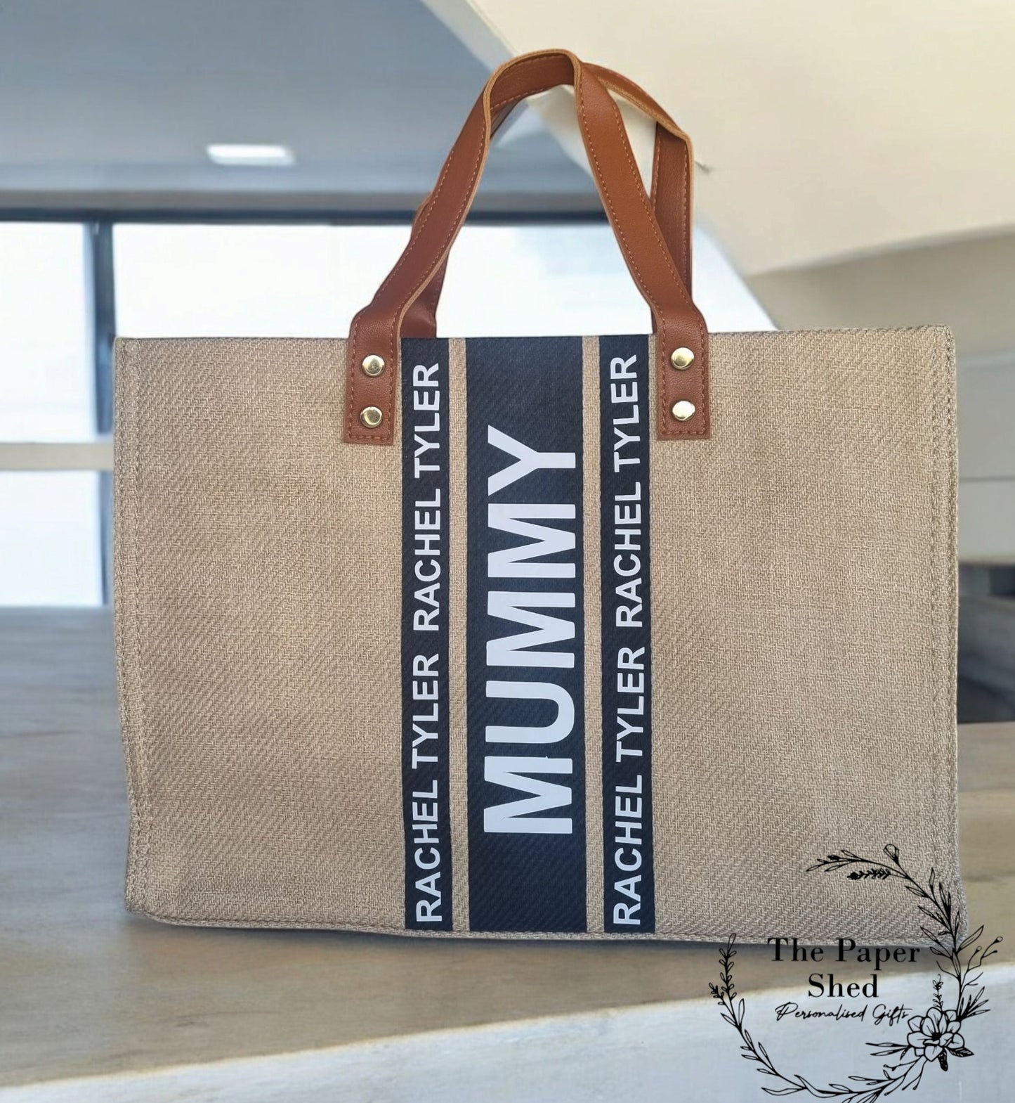 Mum Mothers Day Gift Brown & Black Canvas Stripe Handbag Personalised Shoulder Strap
