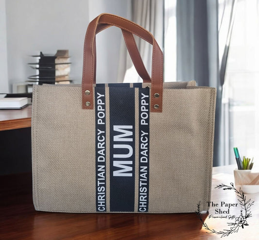 Mum Mothers Day Gift Brown & Black Canvas Stripe Handbag Personalised Shoulder Strap