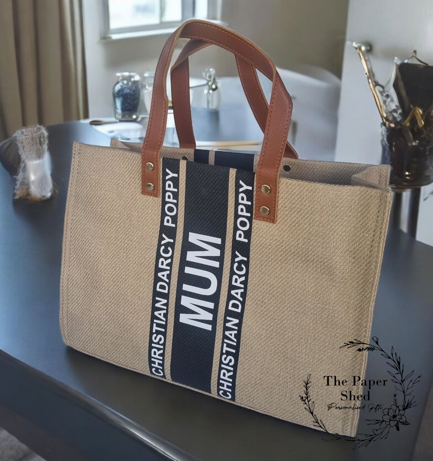 Mum Mothers Day Gift Brown & Black Canvas Stripe Handbag Personalised Shoulder Strap