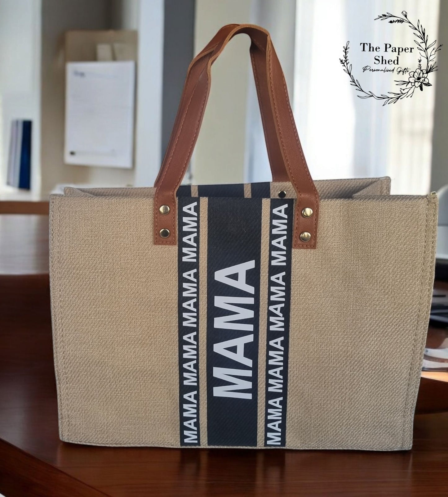 Mum Mothers Day Gift Brown & Black Canvas Stripe Handbag Personalised Shoulder Strap