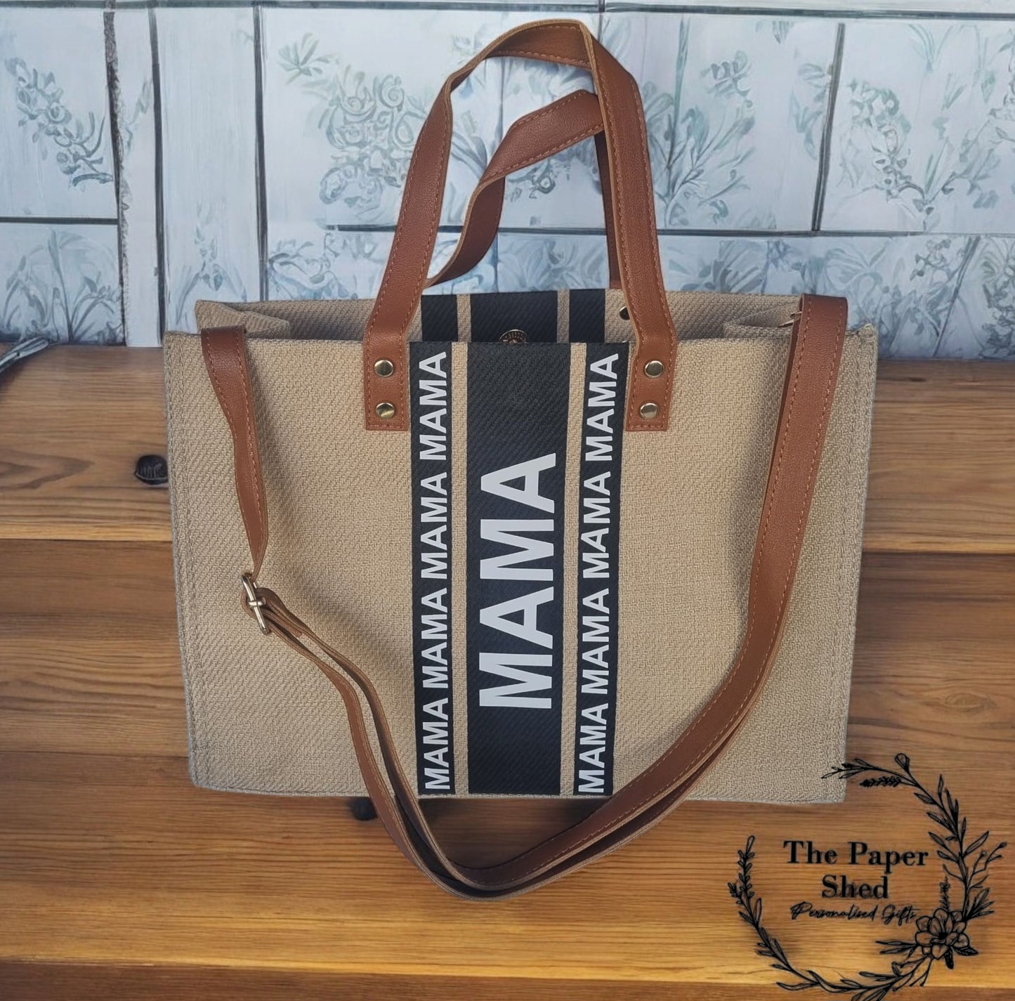 Mum Mothers Day Gift Brown & Black Canvas Stripe Handbag Personalised Shoulder Strap