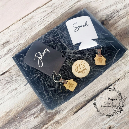 Personalised House Warming Celebration Gift Set- 2025 New Home  -  Wedding - Couple's  Hamper-Beer Can Bottle Cooler Opener Keyrings