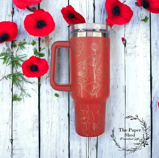 Engraved Poppy Pattern Large Travel Mugs Personalised 40oz Cups Poppies