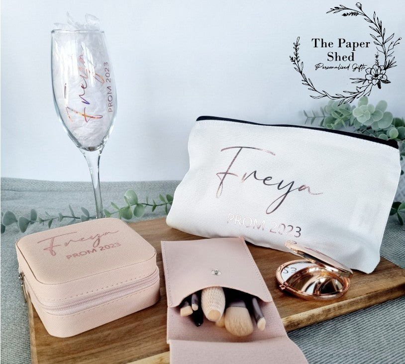 Special Birthday, PROM, Personalised gift set, hamper, make up bag, jewellery box, mirror, champagne flute glass