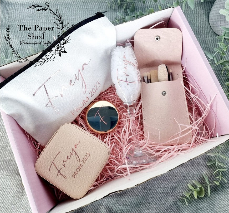 Special Birthday, PROM, Personalised gift set, hamper, make up bag, jewellery box, mirror, champagne flute glass