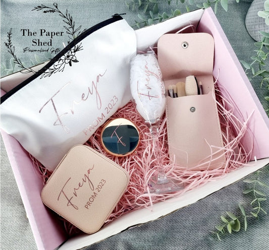 Special Birthday, PROM, Personalised gift set, hamper, make up bag, jewellery box, mirror, champagne flute glass