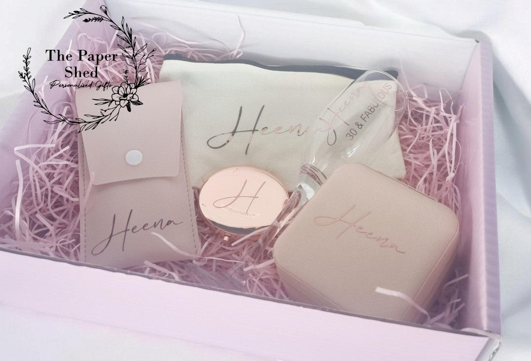 Special Birthday, PROM, Personalised gift set, hamper, make up bag, jewellery box, mirror, champagne flute glass