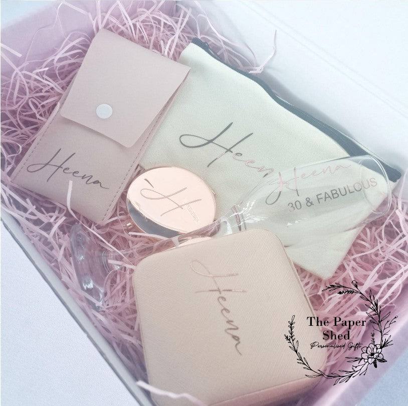 Special Birthday, PROM, Personalised gift set, hamper, make up bag, jewellery box, mirror, champagne flute glass