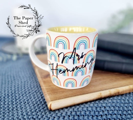 Personalised drink mug with name teacher rainbow