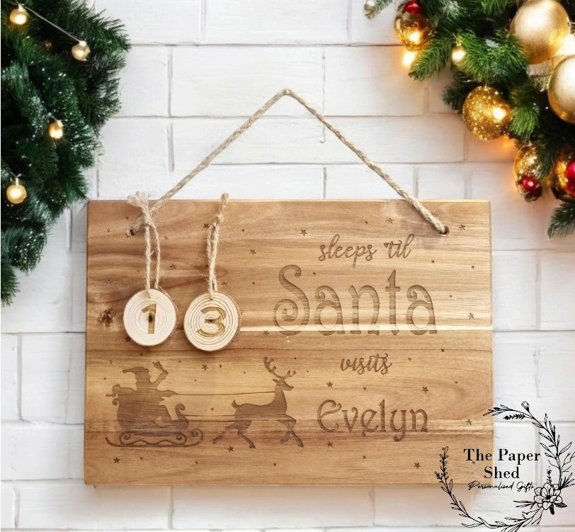 Personalised Sleeps 'til Santa Visits Hanging Board/ Sign with Numbered log slices Engraved Wooden Christmas Countdown Calendar Gift