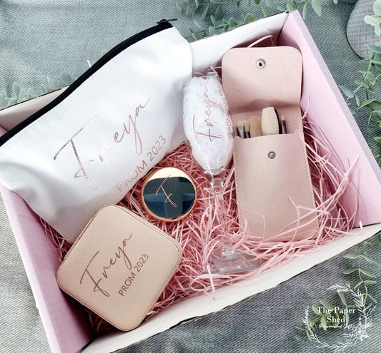 PROM 2025, Personalised gift set, hamper, make up bag, jewellery box, mirror, champagne flute glass