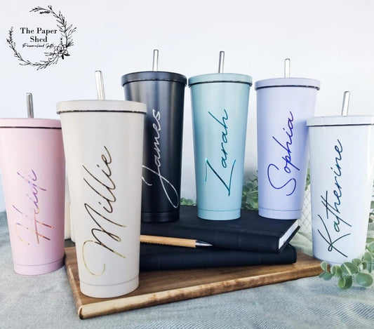 Pastel tall 600ml insulated personalised tumbler with lid and Silver Straw cold cup