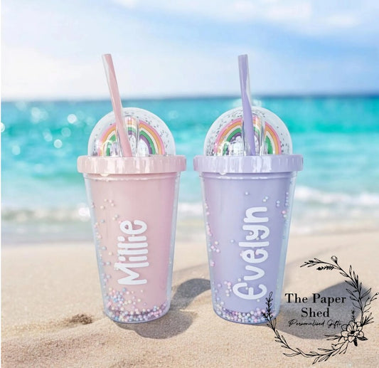 Plastic Snow Globe Rainbow Personalised Unicorn Tumblers