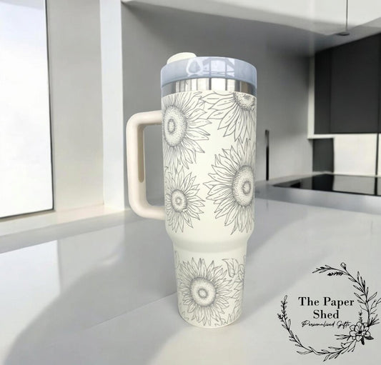 Engraved Sunflower Pattern Travel Mugs Personalised 40oz Cups Poppies