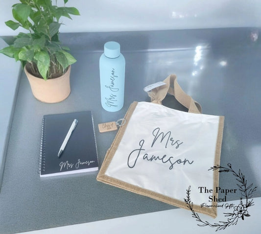 Teacher Gift Set, End of Term/Year Class Present, Leaving Gift, Tote Bag, Bottle, Keyring, Notebook, Pen Hamper
