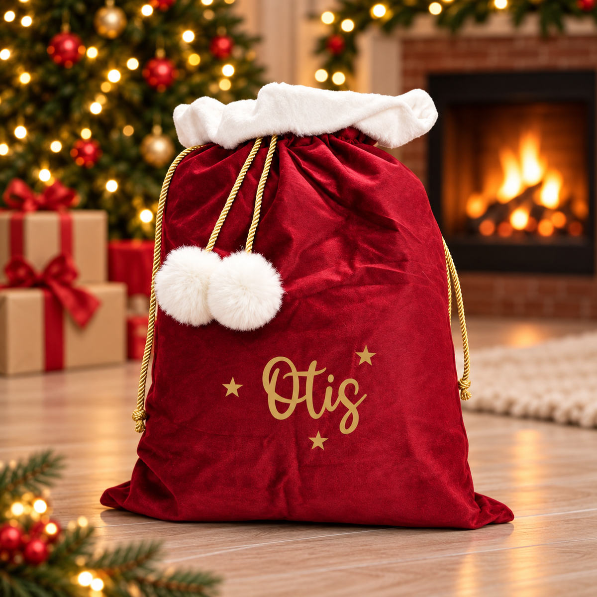 Santa Sack Velvet Christmas Eve Personalised, Presents and Gifts, Stars and Name