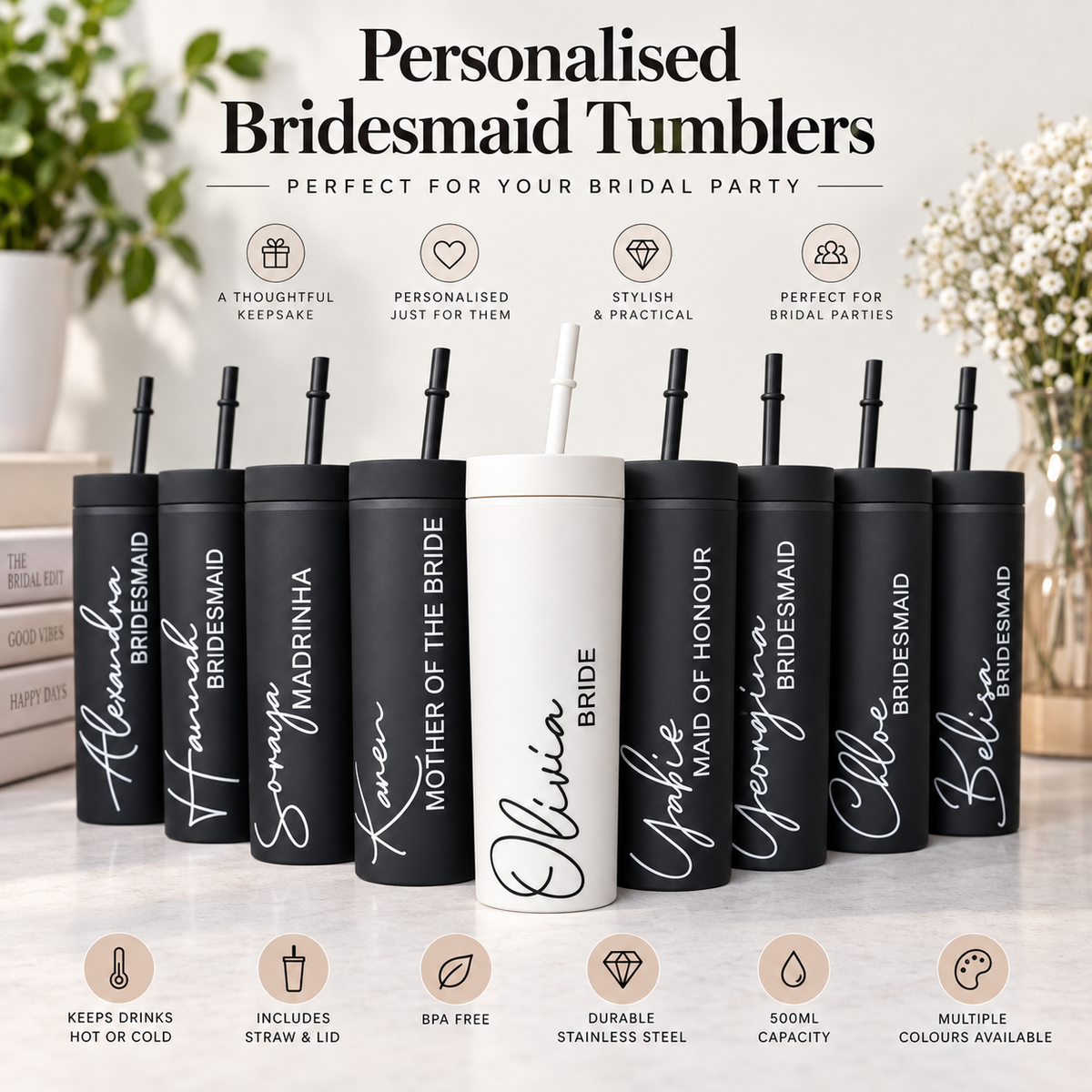 Skinny Tumbler Personalised Name Bridesmaid Bridal Wedding